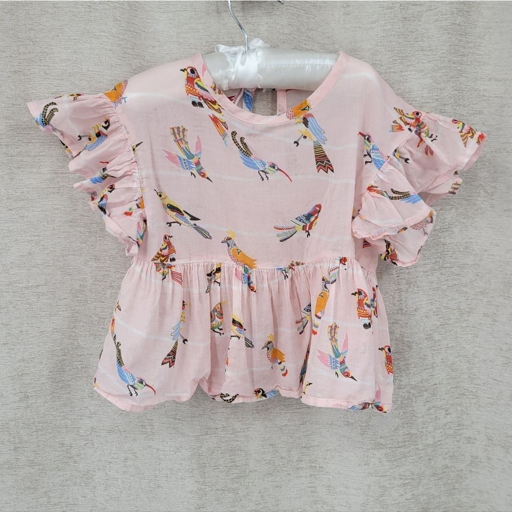 Paper Wings Cotton Pink Ruffle Sleeve Kids Top Bird Print
